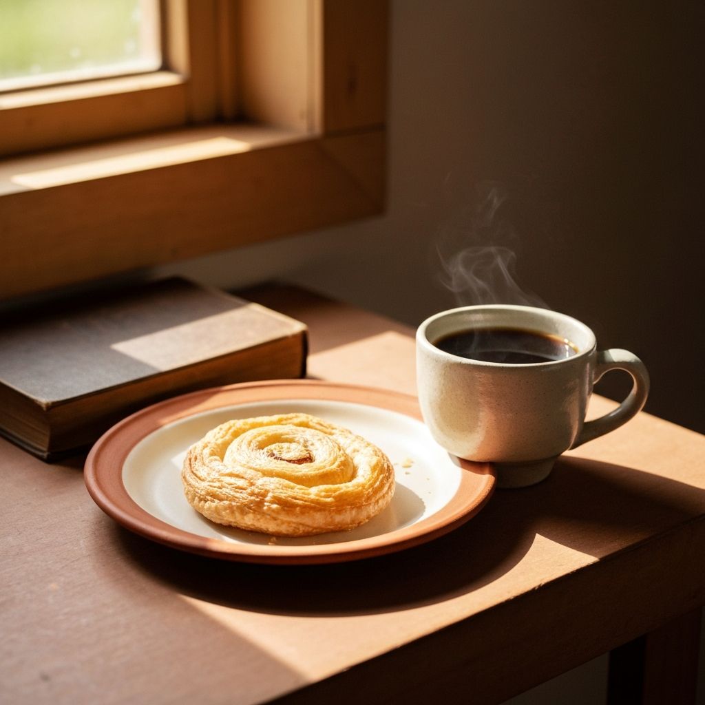 Friedlicher Kaffee-Moment mit Gebäck und natürlichem Licht