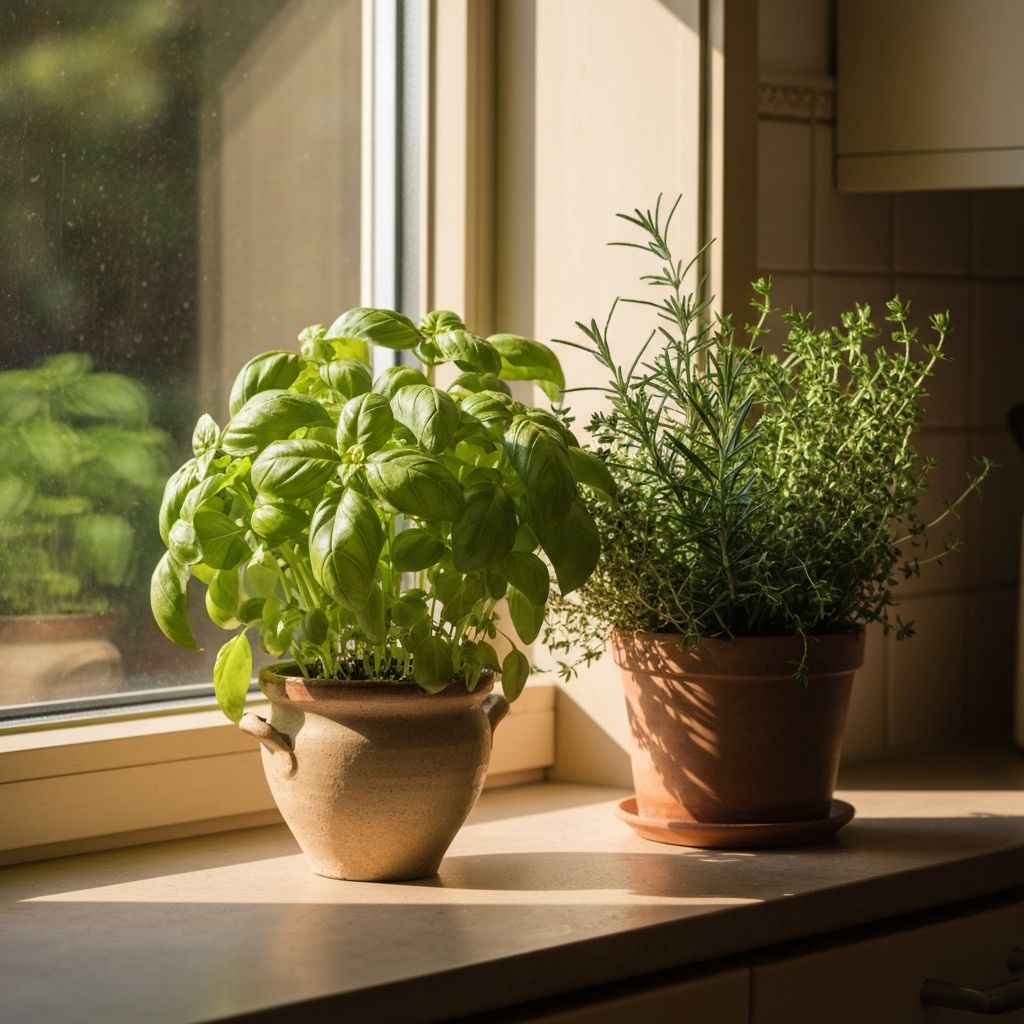 Frische Kräuter auf sonniger Fensterbank in Keramiktöpfen