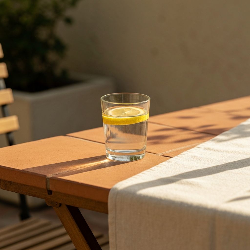 Glas Wasser mit Zitrone auf friedvollem Outdoor-Tisch